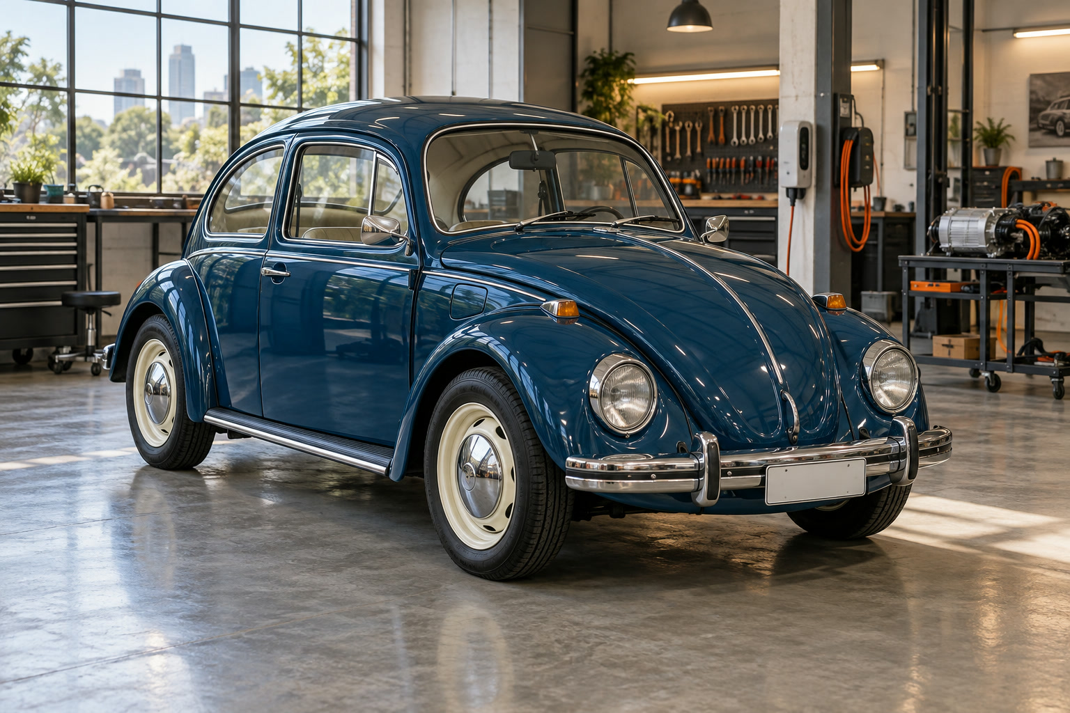 Fusca 1972 azul-petróleo visto de três quartos dentro da oficina, com o capô fechado.