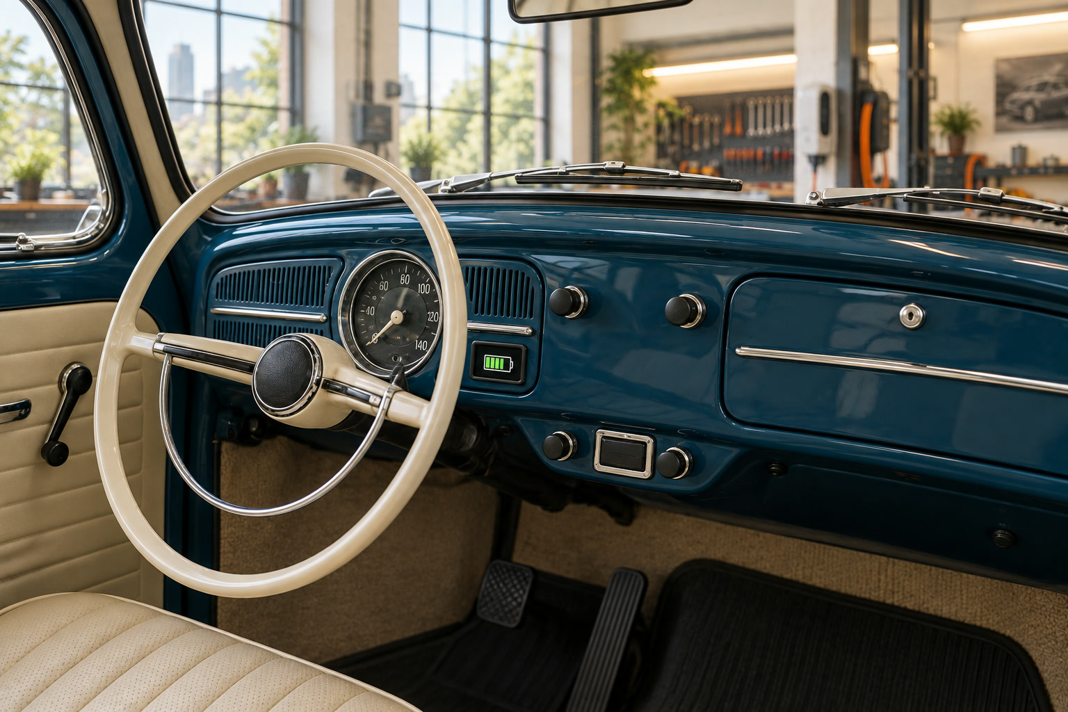 Painel de época do Fusca com volante original e um indicador discreto de carga da bateria.