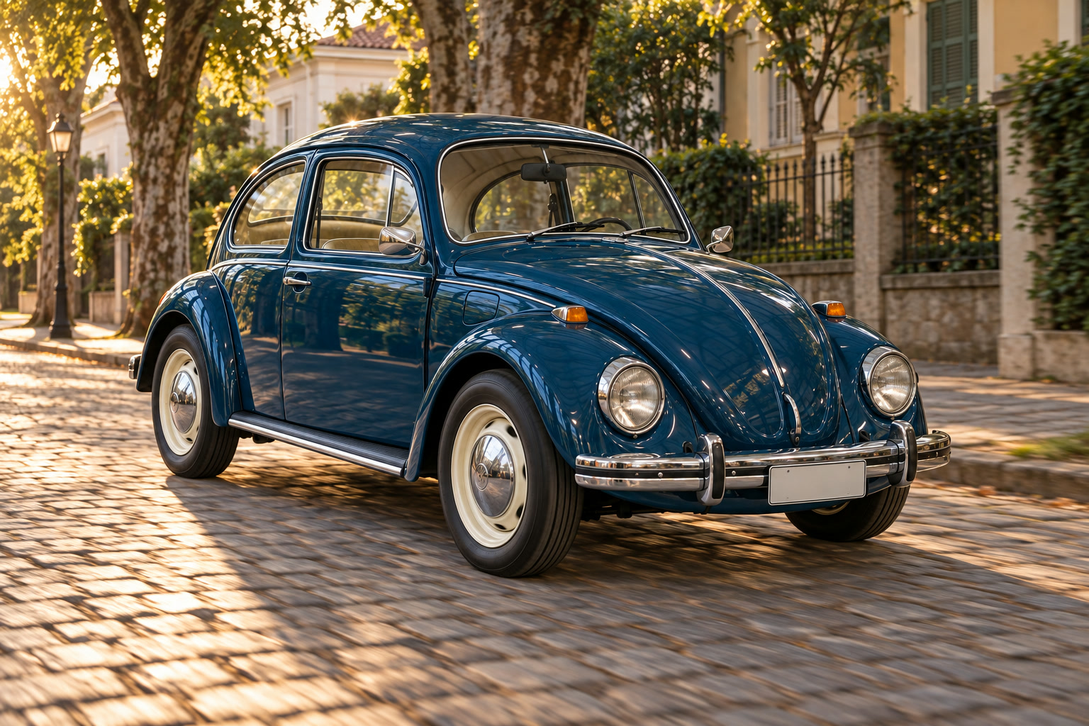 O Fusca azul-petróleo convertido, parado numa rua de paralelepípedo ao fim da tarde.